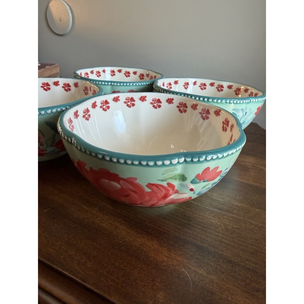 Set Of (4) Pioneer Woman Scalloped Floral Garden Bowls Cereal Soup Stoneware